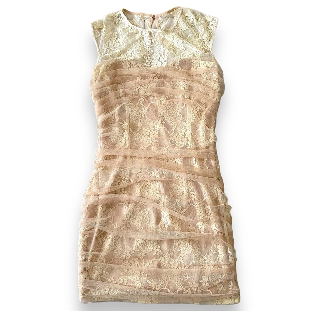En Creme illusion Lace Sheer Panel Mini Party Dress Bodycon Fitted Formal Short